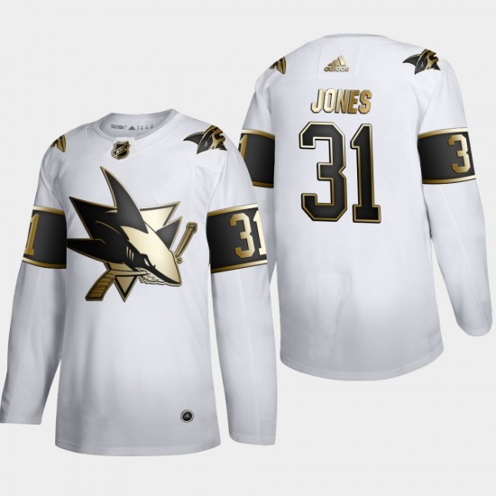 San Jose Sharks Martin Jones 31 Adidas 2019-20 Authentic Golden Edition White NHL Jersey