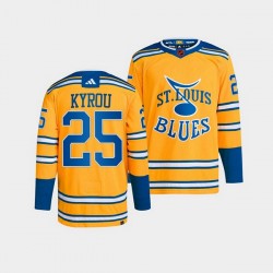 St. Louis Blues Jordan Kyrou 25 Adidas 2022-2023 Reverse Retro Yellow NHL Jersey Authentic